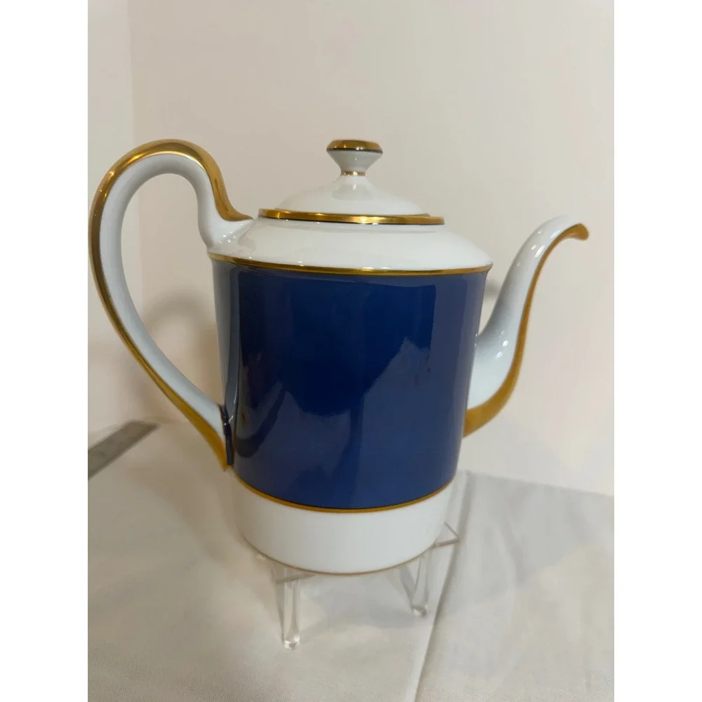 Fitz and Floyd Renaissance Blue Gold Trim Coffee Pot Porcelain Japan 1978 VTG